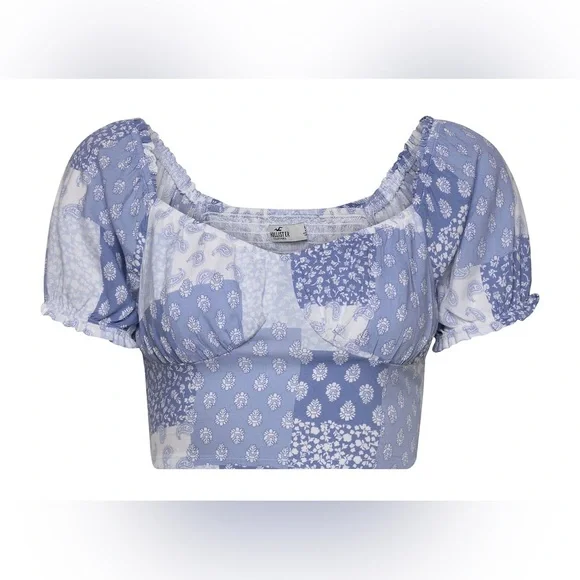 Hollister Co. Blue Paisley patchwork puff sleeve corset crop top Size Large - Picture 1 of 4